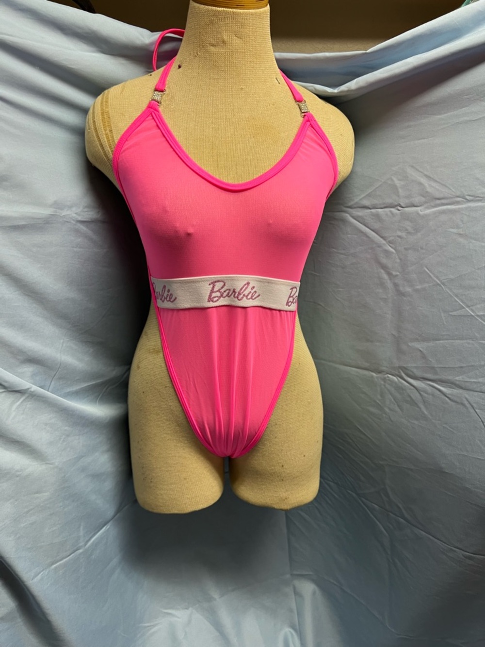 Barbie Mesh Neon Pink Halter Logo-Trim One-Piece